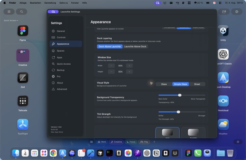 Appearance settings: Liquid Glass or classic, light and dark
