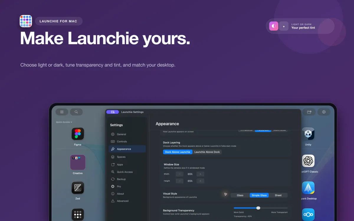 Launchie appearance settings